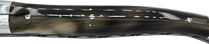 Laguiole en Aubrac Handcrafted Double Plated Folding Pocket Knife, 4.8-in (12cm), Solid Horn Handle, Damascus Blade, Stainless Steel Shiny Bolsters