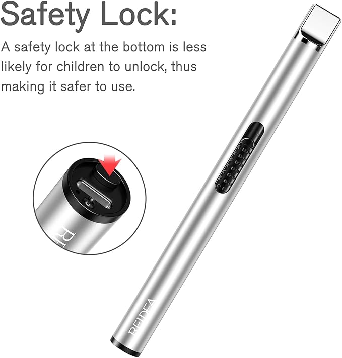 REIDEA Candle Lighter, Electric Arc Lighter with Safe Protector Button, USB Rechargeable Lighter Perfect for Camping Cooking BBQ Fireworks (Silver)