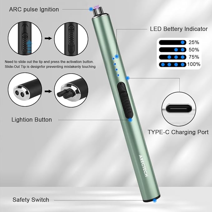 ARECTECH Electric Candle Lighter Rechargeable Lighter Arc Plasma Lighters for Candle Kitchen Camping Christmas Type-C Green