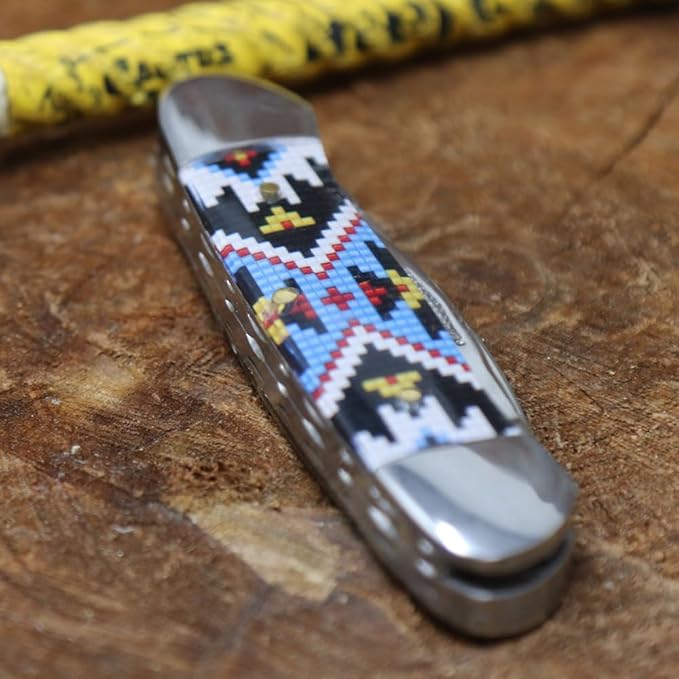 WHISKEY BENT HAT CO. Traditional Canoe Folding Pocket Knife w/Filework 3.63" Closed Length 440C Stainless Steel Blades (Sky Bead)