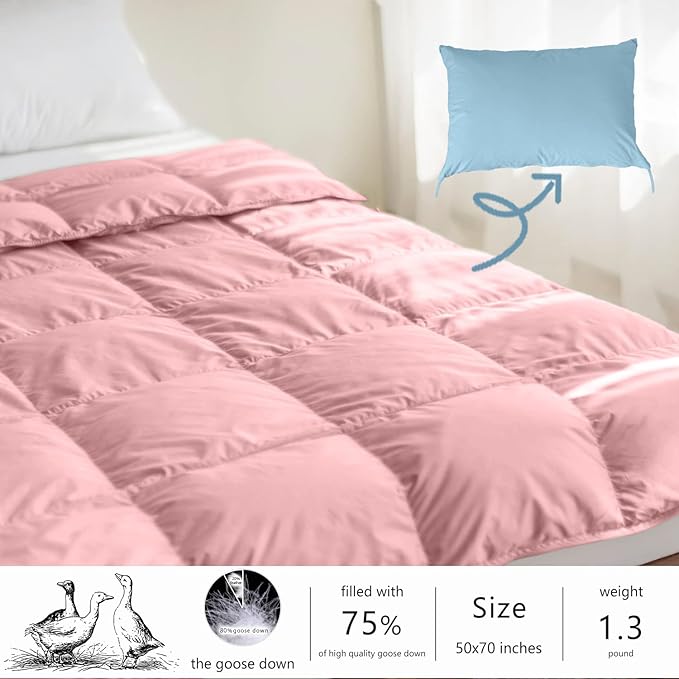 Soft Down Blanket Fluffy Lightweight Warm, Compact Portable Travel Throw Camping Blanket & Pillow Cushion, Airplane Train Beach Glamping Indoor Outdoor, 800 Fill Power 50x70'' Baby Pink