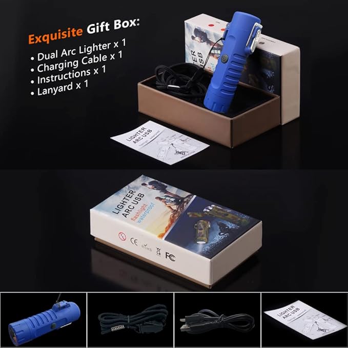 Electric Lighter Rechargeable, Waterproof Lighter Plasma Lighter with Flashlight Windproof ARC Lighter Flameless for Camping Hiking(Blue)