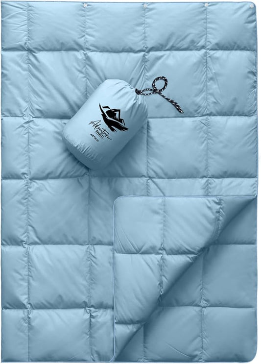Mini Down Camping Blanket,Puffy Down Blanket Packable Lightweight Down Throw Quilt Water-Resistant Outdoor Travel Blanket for Camping,Hiking,Stadium,Picnic,Car 35x59''Blue