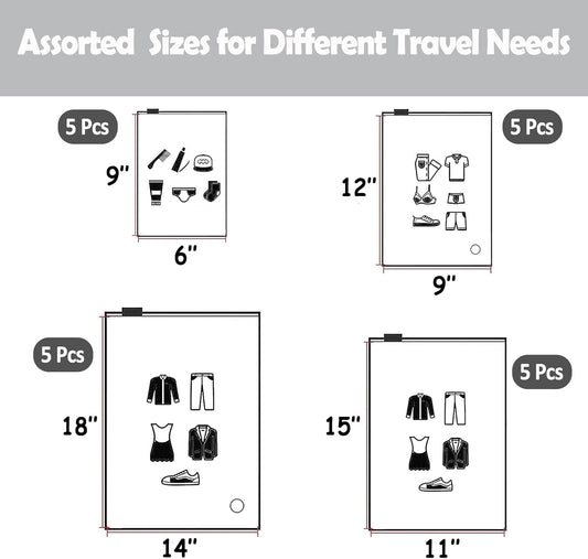 (20 pcs, 4 Sizes) Travel Luggage Organizer Bags, 4 Mil Slider Zip Plastic Clothing Packaging Bags, Travel/Home Storage and organizing pouches, Space Saver Bag (6''x9''-14‘’x18'')