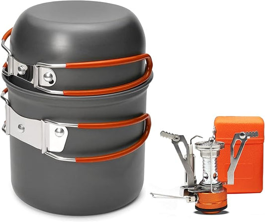 Camping Cookware Set Portable Backpacking Stove Kit, Mini Camp Stove with Non-Stick Lightweight Pots Pans and Stainless Steel Fork Knife Spoon for Outdoor Camping Hiking Cooking Gear