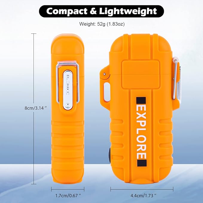 LcFun Arc Plasma Waterproof Lighter Electric Windproof Lighter USB Type C Rechargeable Flameless Cool Lighters with Flashlight and Whistle for Camping, Survival,Outdoor Adventure, Tactical (Orange)