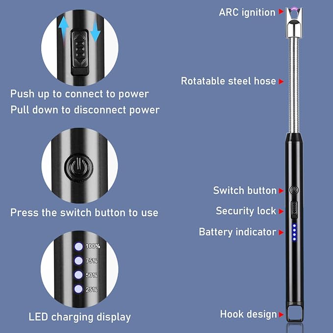Candle Lighter, 2 Pack Set Flexible Neck Refillable Butane Torch Lighter and Electric Arc Lighter, USB Rechargeable with Battery Display, Jet Flame Windproof for BBQ, Camping, Safe & Versatile