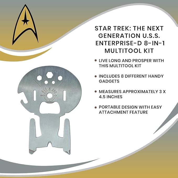 Star Trek: The Next Generation U.S.S. Enterprise-D 8-In-1 Multitool Kit | Includes Screwdriver, Wrench, Bottle Opener, Cord Cutter, Protractor, Hand Tools | Portable Survival Camping Tool