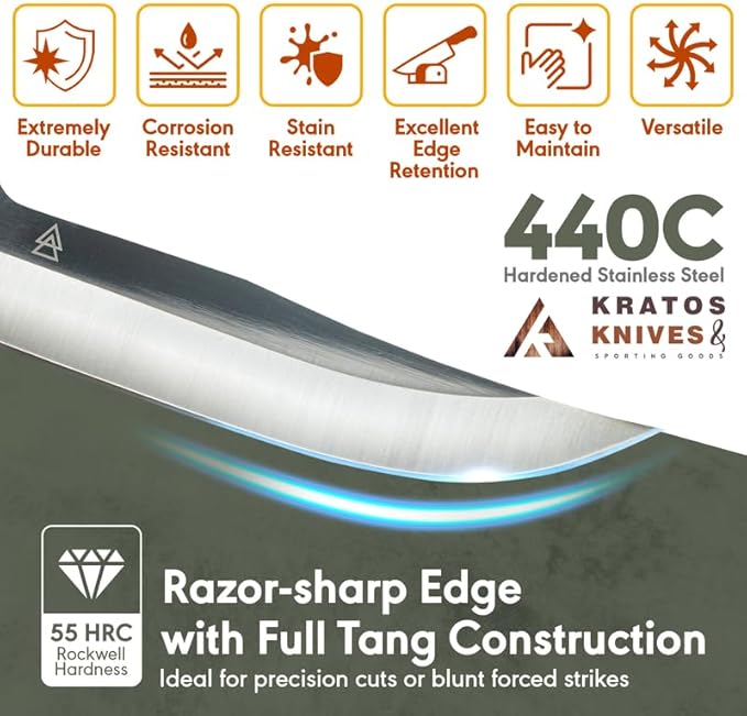 KRATOS Hunting Knife with Nylon Sheath, 10" Fixed Blade Full Tang Knife with 440C Hardened Stainless Steel & Solid Metal Handle for Bushcraft ZF2