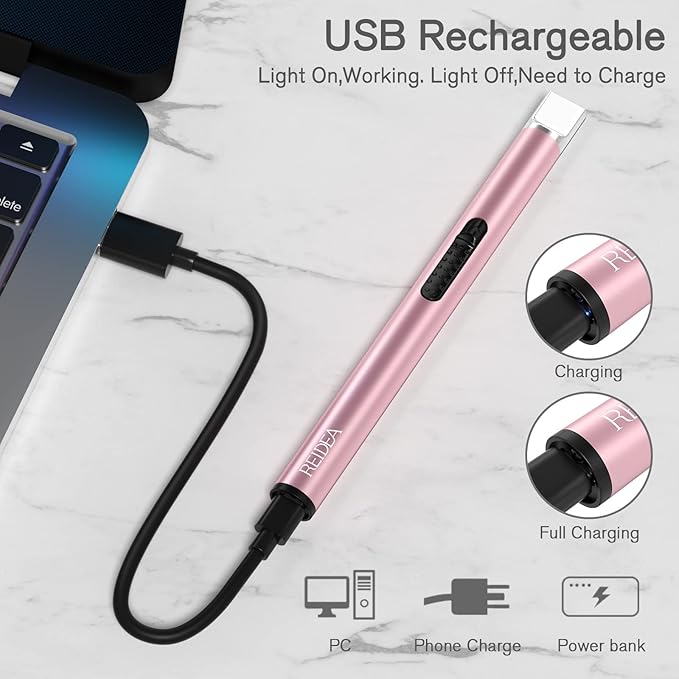 REIDEA Electronic Candle Lighter Arc Windproof Flameless USB Rechargeable Lighter with Safe Button for Home Kitchen (2 Pack Rose Gold)
