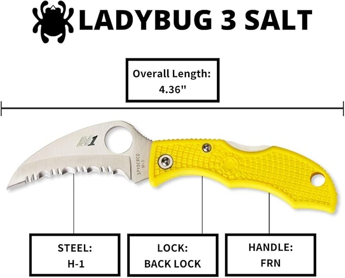Spyderco Ladybug 3 Salt Lightweight Knife with 1.88" Corrosion Resistant H-1 Hawkbill Blade and Durable Hi-Viz Yellow FRN Handle - SpyderEdge - LYLS3HB