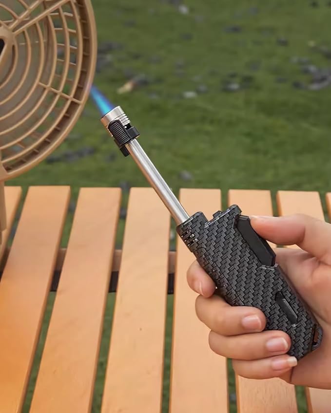 Butane Lighter Long Neck Flame Adjustable Lighter Refillable Multipurpose Windproof Lighters with Safety Lock and Visible Gas Window Lighter for Candle Fireplace Kitchen Camping Outdoor (carbon fiber)