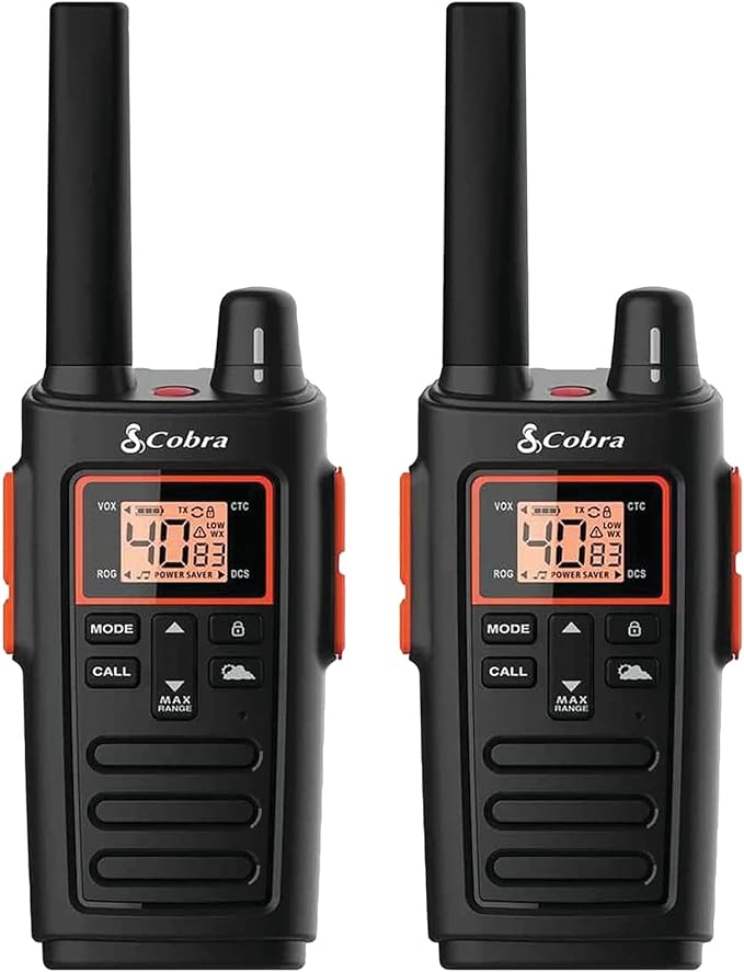 Cobra RX380 Walkie Talkies - Rechargeable, 40 Preset Channels, Long Range 32-Mile Two-Way Radio Set (2-Pack), Black
