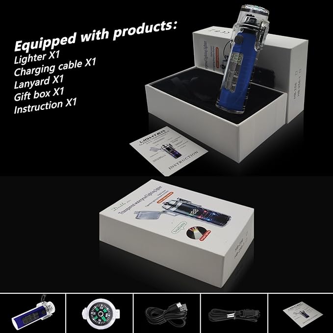 YOZWOO Plasma Electric Lighter USB Rechargeable Lighter Double Arc Windproof Flameless Lighter Type-C Transparent Waterproof Outdoor Lighter with LED Power Display for Camping, Adventure(Blue)