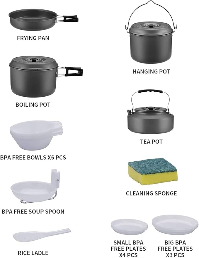 Bulin 24/13/11/8/4 PCS Camping Cookware Mess Kit Lightweight Backpacking Cooking Set Outdoor Cook Gear for Family Hiking, Picnic(Kettle, Pot, Frying Pan, Bowls, Plates, Spoon)