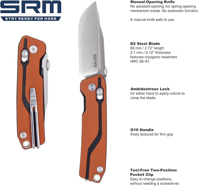 SRM Pocket Folding Knives, D2 Blade, G10 Handle, Ambidextrous Lock, Ambidextrous Tool-Free Clip, for Men or Women, for Outdoor, EDC or Survival Use, 7228-GJ