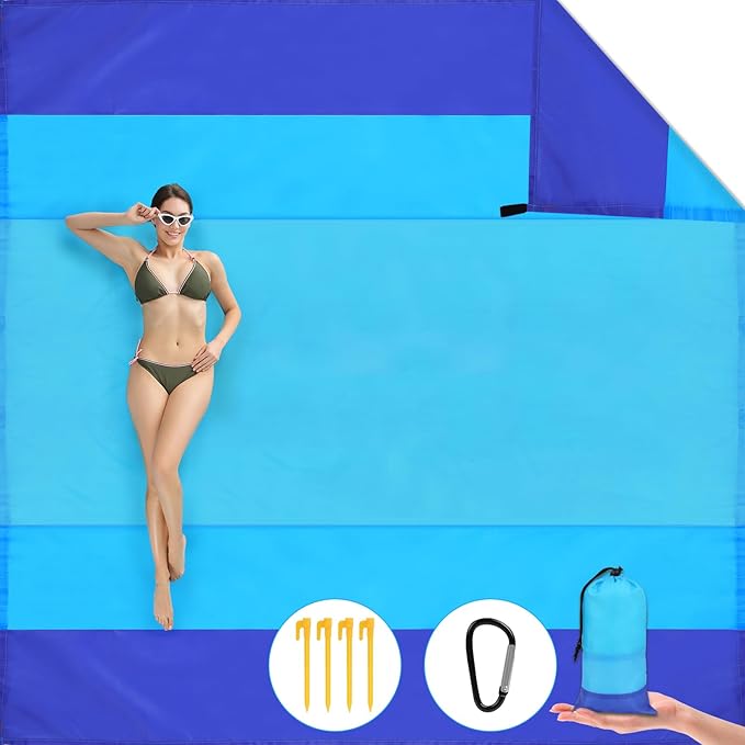 Ainiv Beach Blanket Beach Mat, Sandproof Waterproof Beach Mat, Extra Large 82 * 79 in (5-7 People) Picnic Blanket with 1 Storage Bag, 1 Carabiner & 4 Fixed Nails for Beach, Camping, Hiking, Picnic