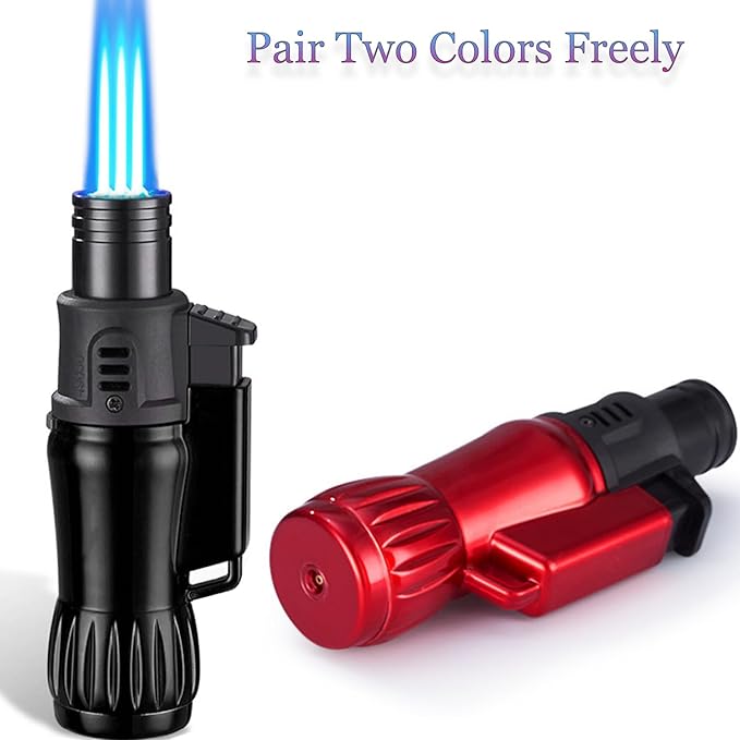 Torch Lighter, 2 Pack of Jet Flame Butane Lighter Refillable Gas Lighter Windproof Lighters Jet Torch Lighter for Candle, Campfire, Kitchen,Grill, Camping(without Butane)-Black+Red