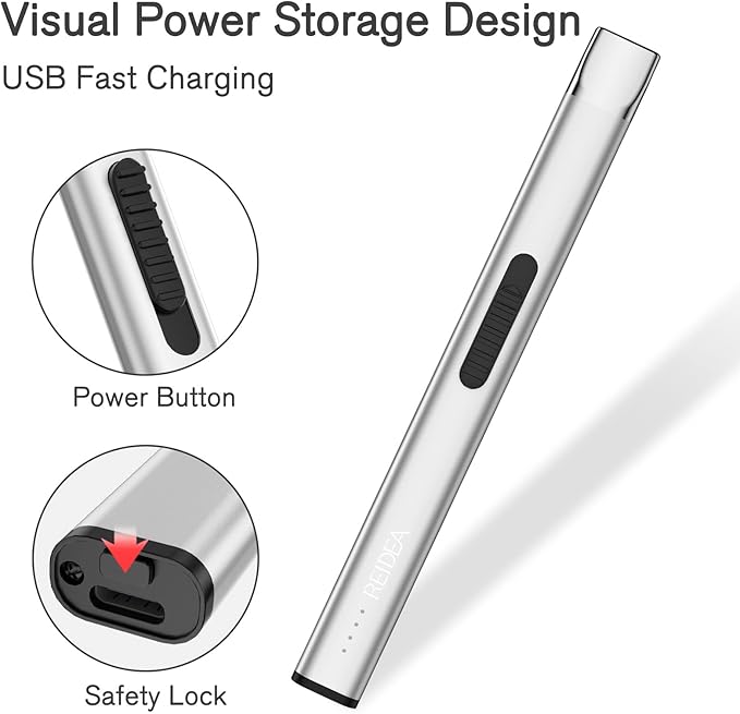 REIDEA Lighters 2 Pack R1 Flat Electronic Candle Lighter, Windproof Flameless USB Rechargeable Arc Lighter with Safe Button and Power Indicator for Candle, BBQ and Fireworks, Silver
