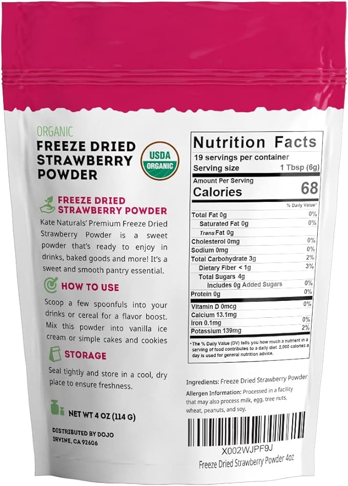 Kate Naturals Freeze Dried Strawberry Powder for Baking, Camping & Drinks. Natural Strawberry Flavoring for Cakes, Icing & Smoothies (4 oz, Organic)