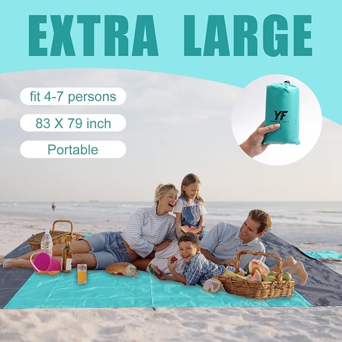 Yonge & Finch Large Beach Blanket Sandproof Heat-Resistent Beach Mat Machine Washable Camp Blanket Packable Pocket Blanket Waterproof Outdoor Blanket Fit 4-7 Persons 83 * 79inch Acid Blue