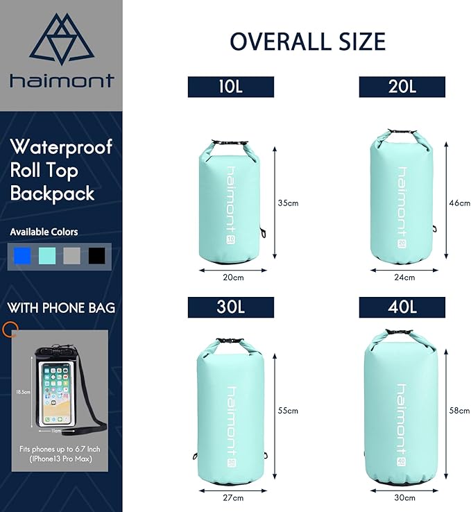 Haimont Waterproof Dry Bag Floating Dry Sack Roll Top Drybag Backpack for Kayaking, Rafting, Boating, Fishing with IPX8 Waterproof Phone Case, Aqua Green, 40L