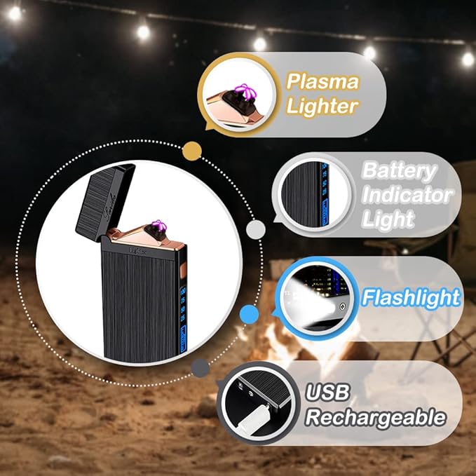 Electric Lighter, Plasma Dual Arc Lighter, USB Rechargeable Lighter, Windproof Flameless Lighter, Pocket Metal Lighter with LED Battery Indication for Candles, Incense, Camping (Balck)