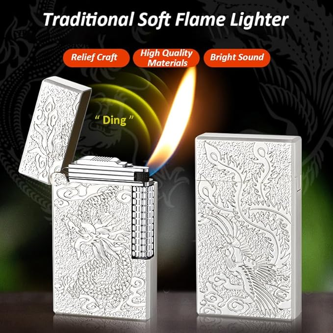 Lighters Soft Flame Lighter Windproof Refillable Butane Traditional Cigar Lighter Good for Cigarette Cigar Candle Camping Hiking Fishing BBQ (Silver)