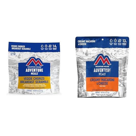 Mountain House Veggie Chorizo Breakfast Scramble 2-Servings & Creamy Macaroni & Cheese 2 Servings Bundle