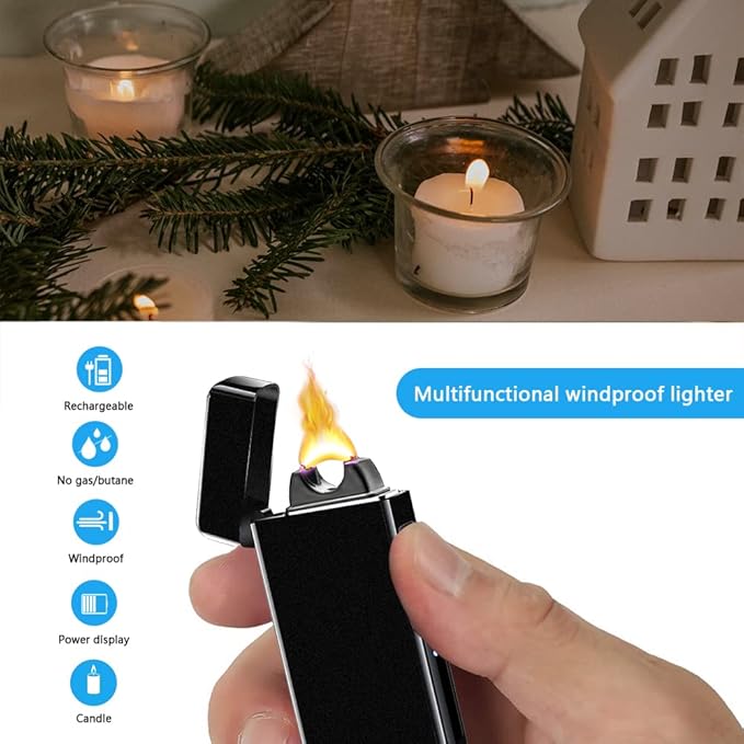 Electric Lighter Rechargeable USB Torch Lighter Plasma Big Flame Arc Lighter Windproof Cool High Power Candle Lighter with Gift Box for Holiday, Birthday, Gift for Men and Women (Matte Black)
