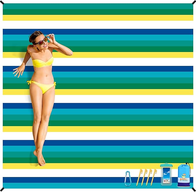 BYDOLL Beach Blanket Sandproof Waterproof 78''×81''1-4 Adults Compact Lightweight Oversized Beach Blanket Large Picnic Mat Beach Blanket for Travel Camping Hiking Picnic