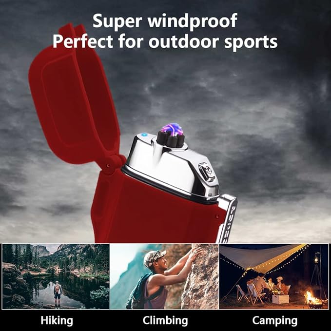 GADATOP Electric Lighter, Outdoor Waterproof Double arc Lighter Windproof Lighter, Rechargeable USB Lighter flameless Plasma Lighter with LED Torch with Lanyard, Suitable for Camping, Hiking (Red)