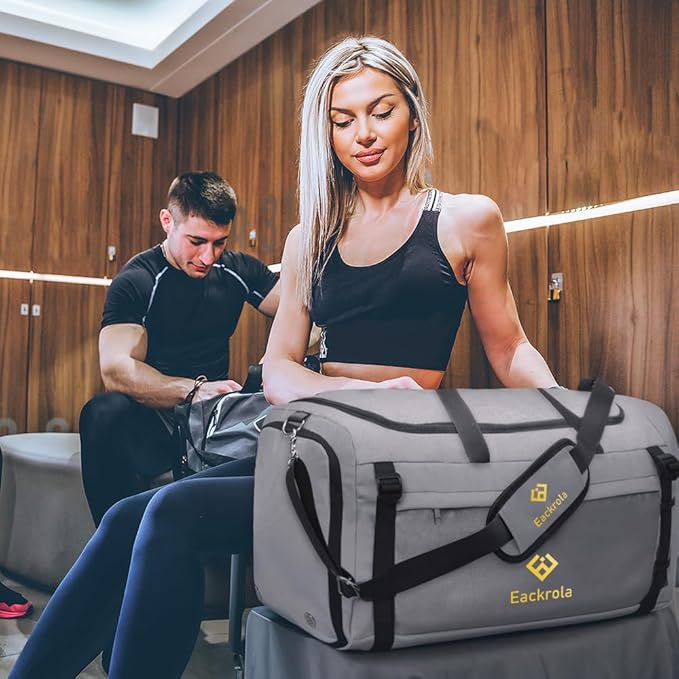 Eackrola Extra Large Sports Gym Bag, Travel Duffel bag with Wet Pocket & Shoes Compartment for men women, 85L, Lightweight (Light Gray)
