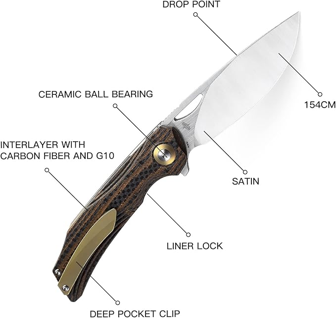 BESTECH KNIVES Pocket Folder Folding Knife: 3.54" 154CM Steel Satin Blade, Carbon Fiber and G10 Scales, Flipper, Liner Lock, EDC Titanium Clip, BL01D (Black Orange)