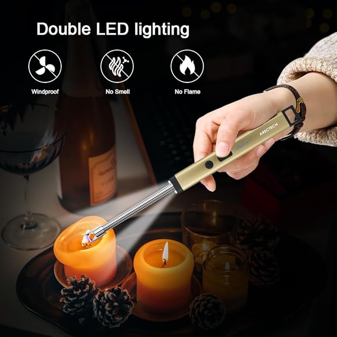 ARECTECH Lighter Candle Lighter Electric Lighter Rechargeable USB Arc Lighters for Candle Camping Cooking Fireworks Christmas Birthday Gifts with LED Light for Men Women Gold