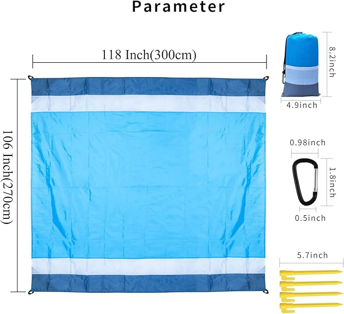 Beach Blanket Sandproof Waterproof, Large Beach Mat Lightweight Portable Quick Drying for Picnic Camping Hiking Travel Beach Accessories (1, BlueWhiteGrey, 118x106 Inches)