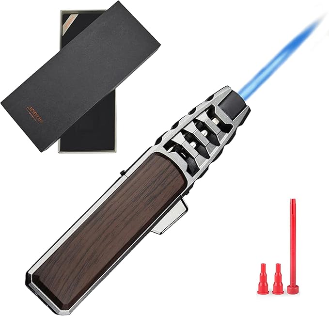 DOUBFIVSY Jet Torch Butane Lighter with Gift Box, Bright Fire Lighter Windproof Refillable Butane Lighter Adjustable Flame Lighters for Cigar Grill BBQ Kitchen Cooker(Butane Gas Not Included) (Brown)