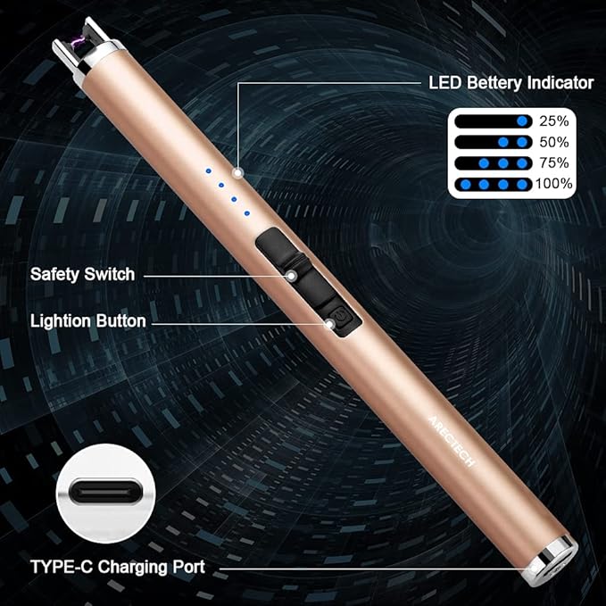ARECTECH Rechargeable Electric Candle Lighter Arc Plasma Lighters for Candle Kitchen Camping Type-C Champagne Gold