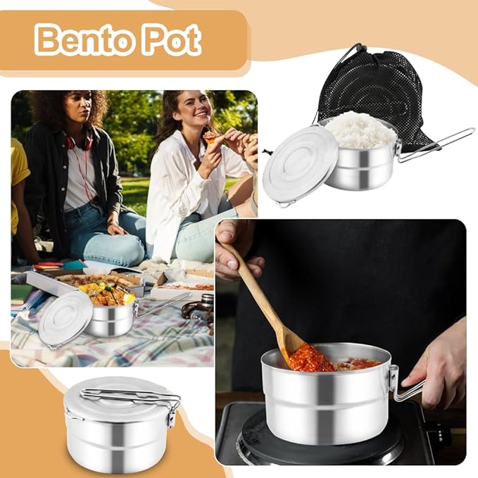 Stainless Steel Camping Cook Pot with Lid and Folding Handle Camping Cookware 1.5L Large Capacity Bento Pot for Camping, Hiking, Picnic