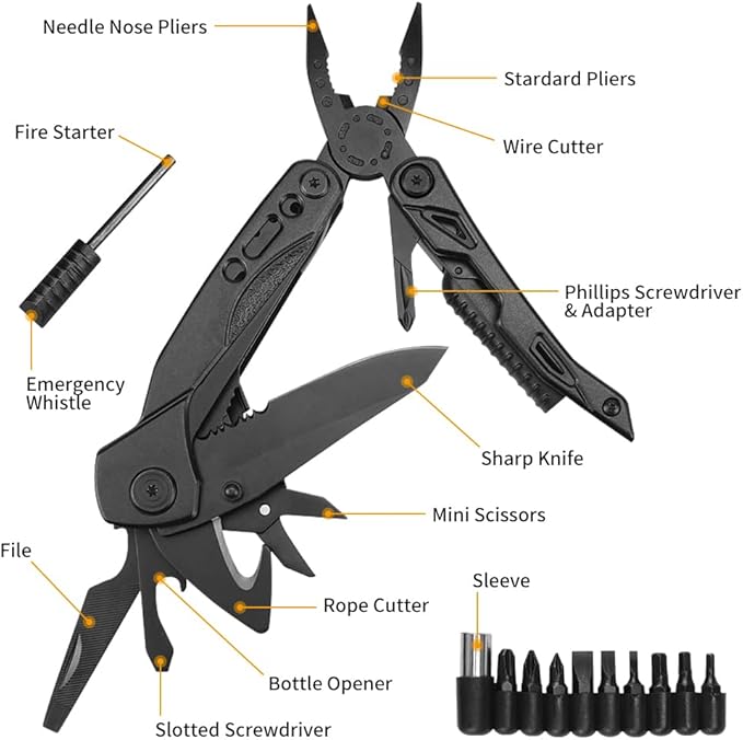 Pocket Knife Multitool, Tactical Utility Multi Tool Knife Set, Camping Survival Gear, Folding Knives with Blade, Plier, Screwdriver Bottle, Scissors, Fire Starter, Whistle, Gift for Men