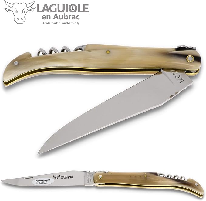 Laguiole en Aubrac Handmade Knife 12 cm Corkscrew L0612PCLF, Full Horn tip Handle, Blade Stainless Steel Shiny