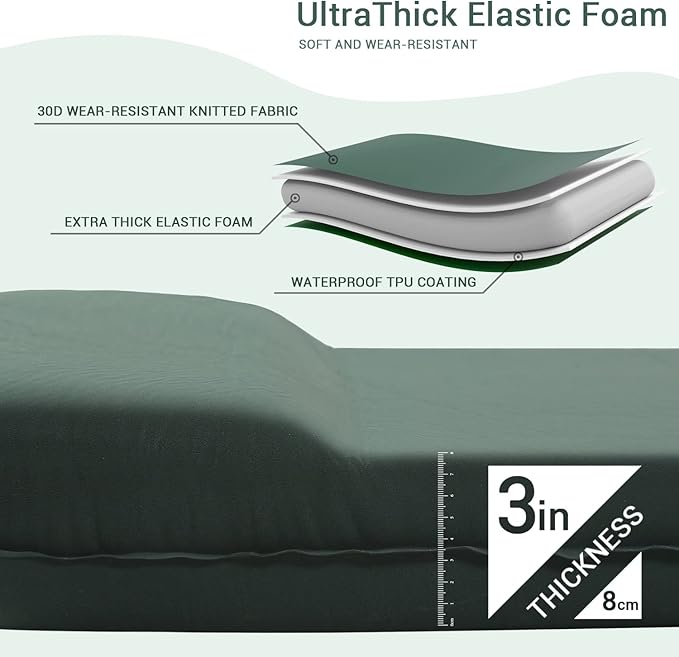 INVOKER Camping Sleeping Pad – 3.1 inch UltraThick Elasticity Foam Fast Self-Inflating Insulated Durable Camping Mat with Pillow for Tent Backpacking Traveling and Hiking Air Mattress