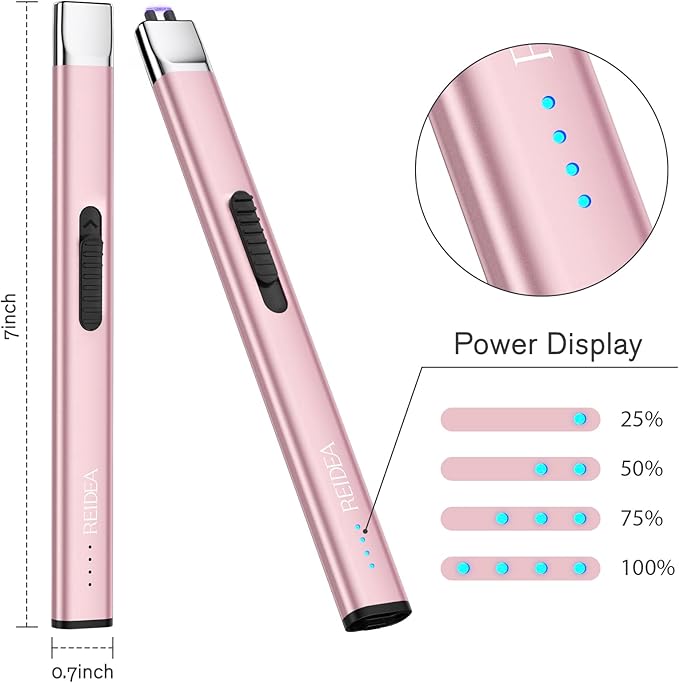 REIDEA Electric Lighter R1 Flat Candle Lighter, Windproof Flameless USB Rechargeable Arc Lighter with Safe Button and Power Indicator for Candle, BBQ and Fireworks, Rose Gold