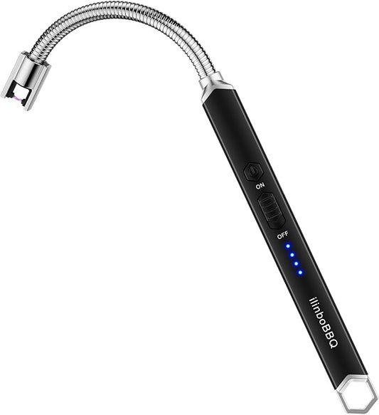 iinboBBQ Lighter Electric Lighter Rechargeable USB Candle Lighter with LED Battery Display Arc Lighter with Flexible Neck Flameless Long Lighters for Candles Grill BBQ Camping (Black)