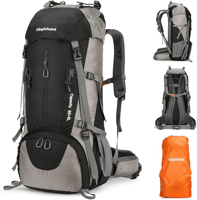 King'sGuard 70L Hiking Backpack Large Lightweight Waterproof Camping Backpack Travel Backpacking Backpack Daypack with Rain Cover -Frameless (Black)