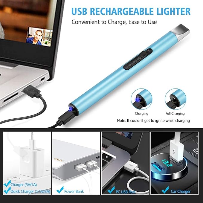 Candle Lighter, Electric USB Rechargeable Lighter Arc Long Lighter Flameless Lighter with Safe Button for Candle BBQ Grill Fireworks Cooking(Blue & Rose Gold 2Pcs)