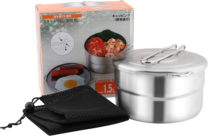 Stainless Steel Camping Cook Pot with Lid and Folding Handle Camping Cookware 1.5L Large Capacity Bento Pot for Camping, Hiking, Picnic
