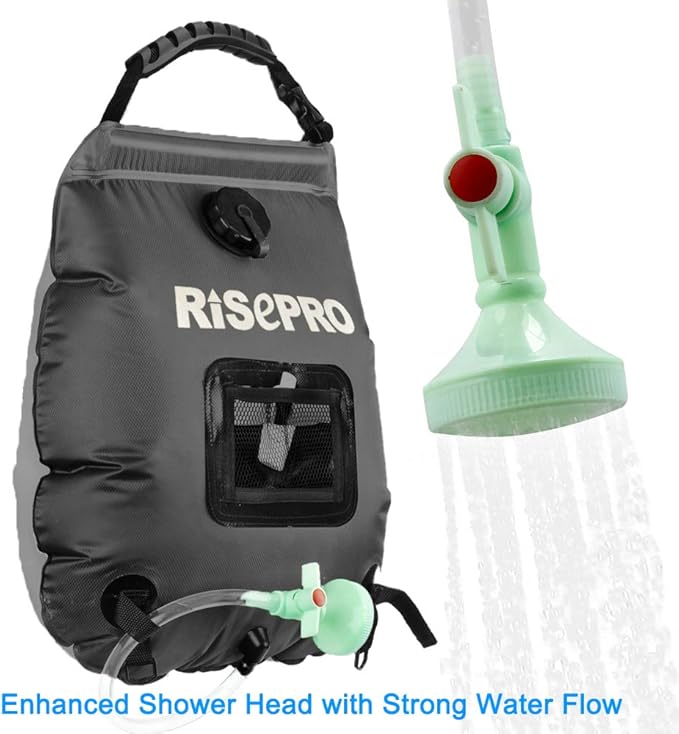 Solar Shower Bag, RISEPRO 5 gallons/20L Solar Heating Premium Camping Shower Bag Hot Water with Temperature 45°C Removable Hose on/Off Switchable Shower Head Hiking Climbing Summer Shower K8