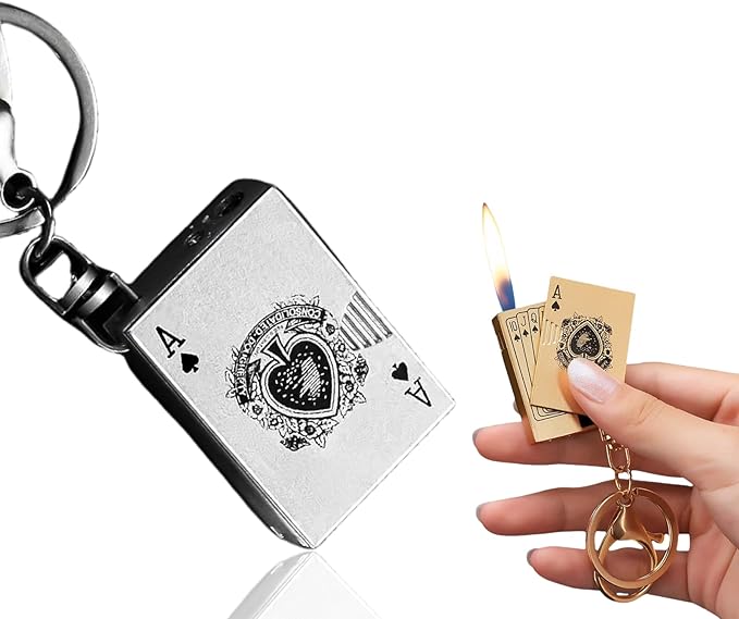 Metal Poker Ace Cards Lighters, Cool Keychain Lighter, Small Portable Lighters, Unique Gifts for Men Gifts Candles Camping BBQ (No Butane Fuel) (Grey)