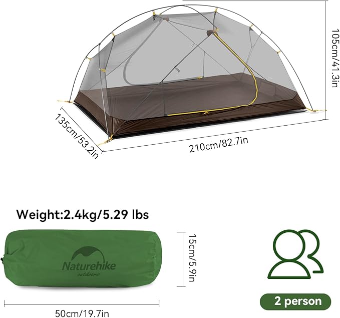 Naturehike Mongar Backpacking Camping Tent 2 Person Lightweight 3 Season Waterproof Hiking Tent Double Crossbars Easy Setup Double Layer for Hunting Outdoor Mountaineering Travel with Footprint